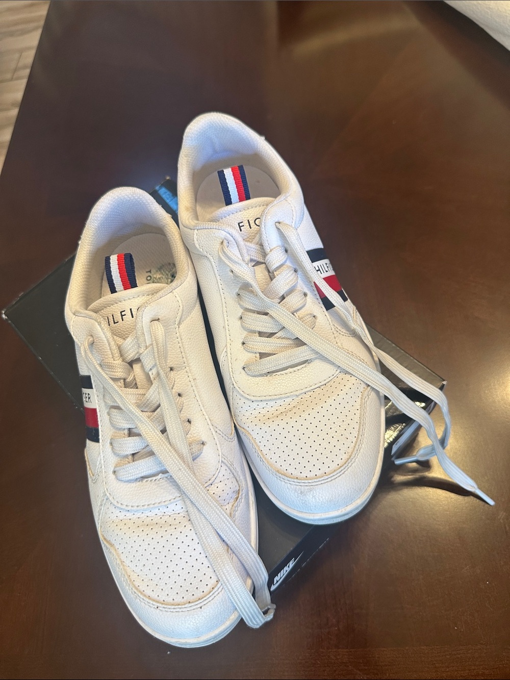 Tommy Hilfiger Men’s White Sneakers with Red & Blue Accent